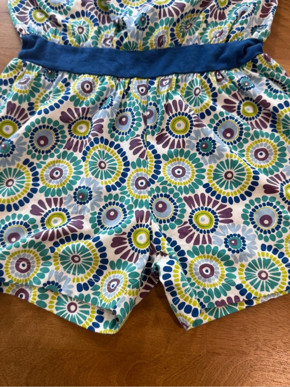 Tea Collection Blue Floral Geometric Romper with Green & Purple Accents Size 12